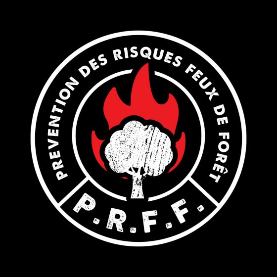 Logo PRFF, prévention des risques feux de forêt sur fond noir