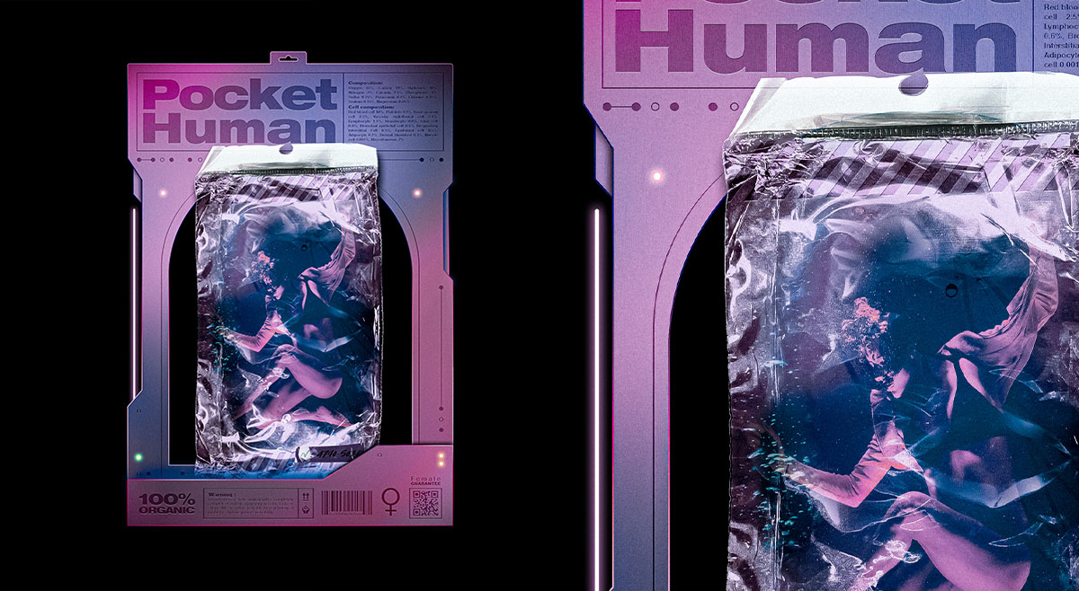Visuel de présentation d'un mockup de packaging futuriste dystopique