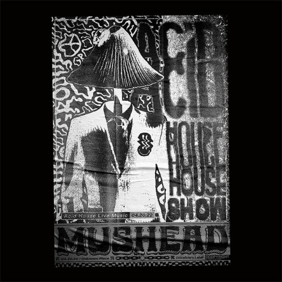 Mushead acide house poster design noir et blanc