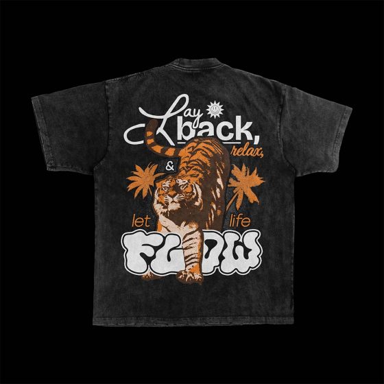 Lay back, relax, and let life flow; T-shirt design Tigre en noir arrière