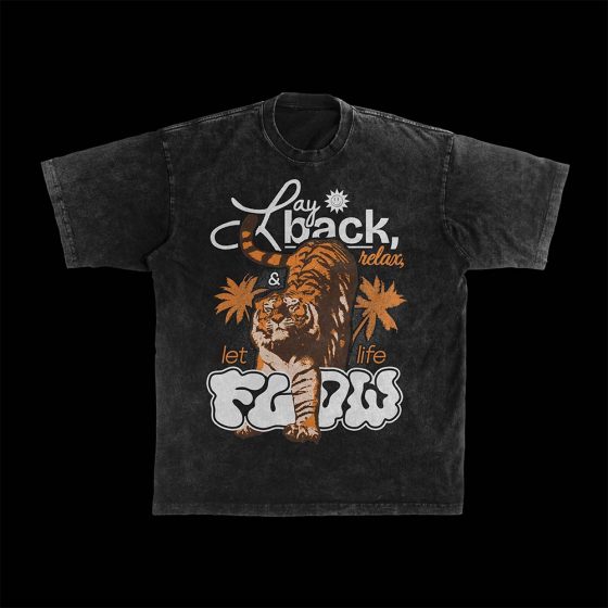 Lay back, relax, and let life flow; T-shirt design Tigre en noir