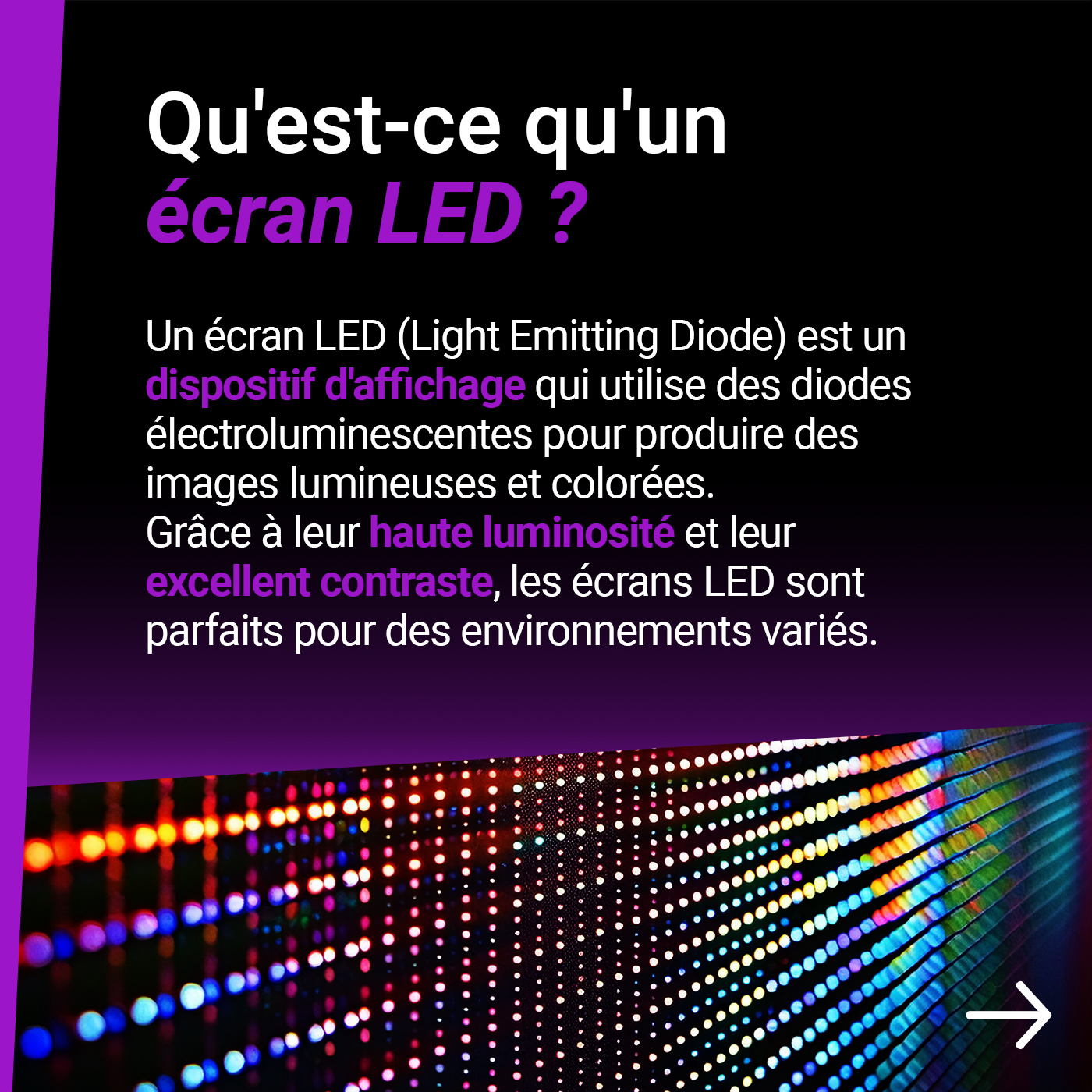 Création graphique ADEVA : deuxième diapositive pédagogique sur les écrans LED