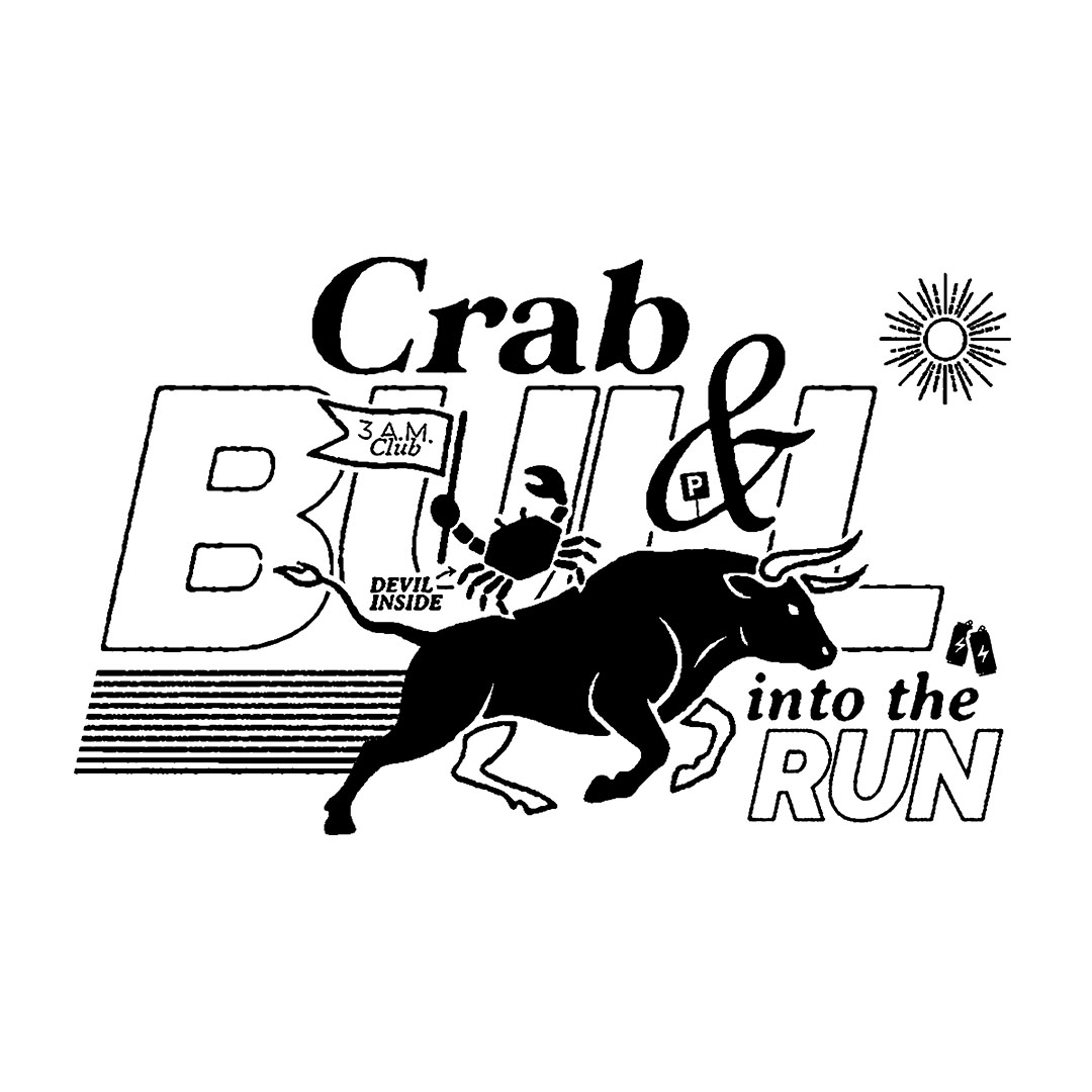 Composition Crab & Bull avec un crabe, un taureau et la signature into the RUN