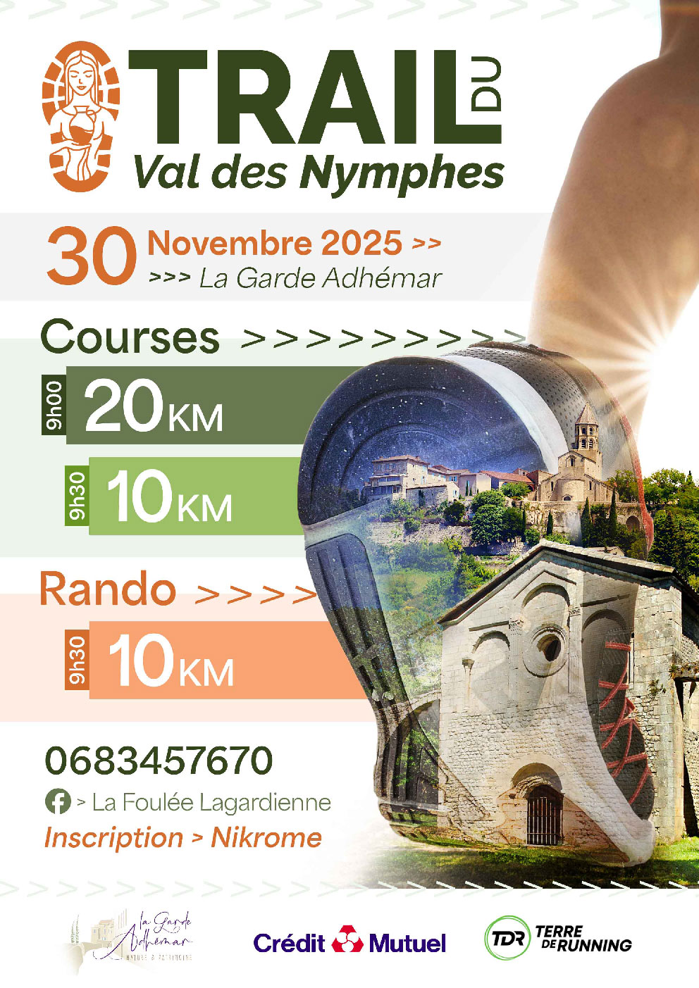 Flyer conçu par Franck Jeannin pour le Trail du Val des Nymphes du 30 novembre 2025 à La Garde-Adhémar