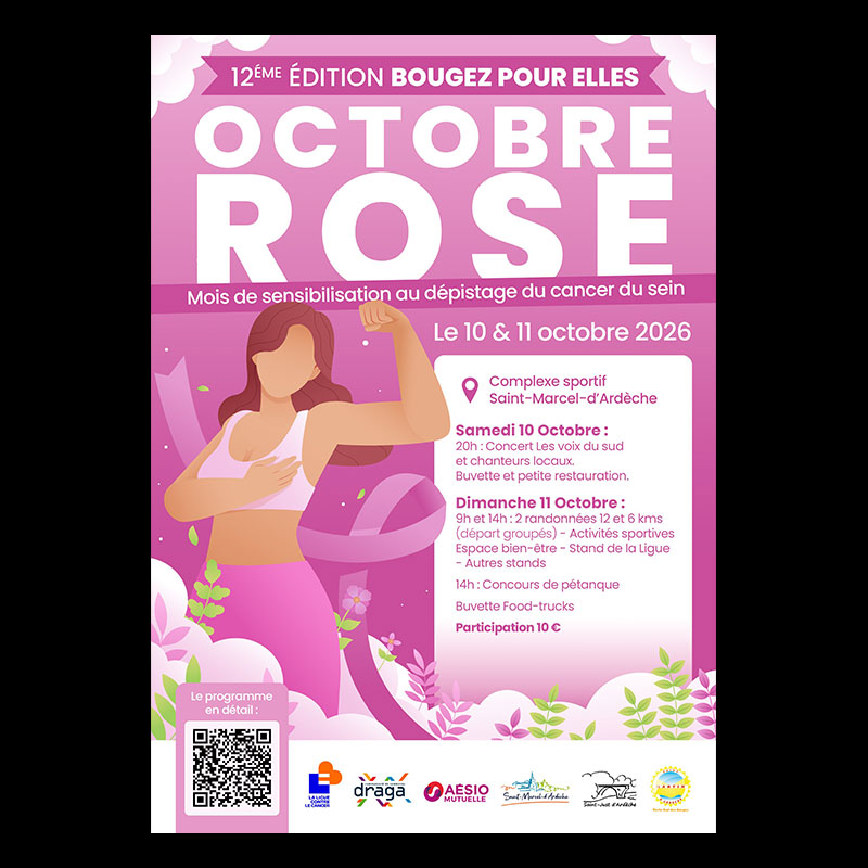 Affiche / flyer de Bougez pour elles 2026 conçu par Franck Jeannin : fond rose, personnage féminin, ruban et programme des 10 et 11 octobre à Saint-Marcel-d’Ardèche