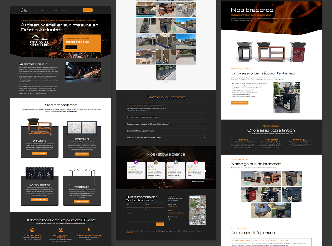Présentation des différentes pages du site Crussol Métallerie